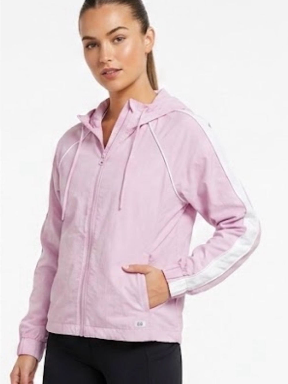 Abercrombie & Fitch Light Pink Hooded Bomber Jacket with White Stripe A39